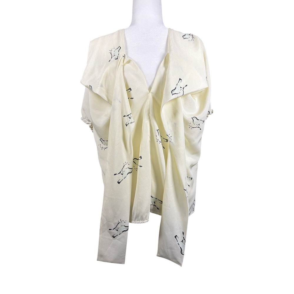 Girls from Savoy Blouse Womens 6 Bird Print Cream Draped Tie Front V-Neck